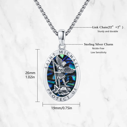 Abalone Shell Saint Michael Pendant Necklace in 925 Sterling Silver