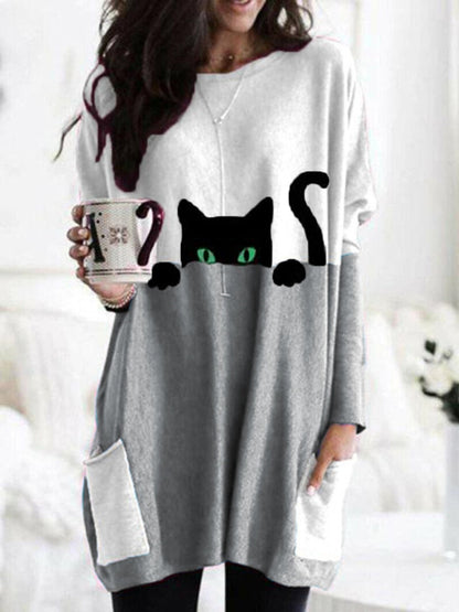 Women's Black Cat Print Round Neck Contrast Color Patchwork Pocket Long Sleeve T-shirt