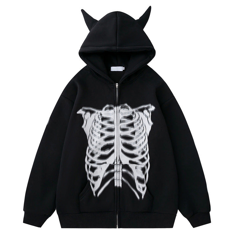 Skull Devil Horn Hooded Sweater For Boys Loose Zip Fleece-lined Sweater