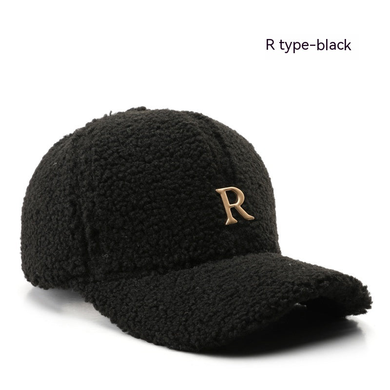 Autumn And Winter Letter R Solid Color Lamb Wool Baseball Cap Outdoor Sun Protection