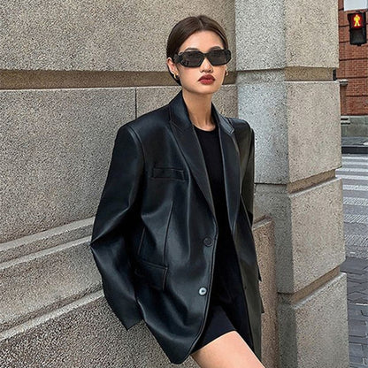 Women's Black Pu Suit Leather Coat