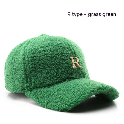 Autumn And Winter Letter R Solid Color Lamb Wool Baseball Cap Outdoor Sun Protection