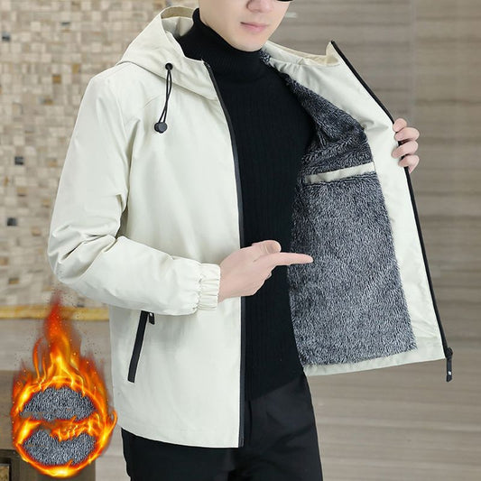 Coat Men's Autumn And Winter New Hooded Fleece-lined Thickened Solid Color Men's Jacket