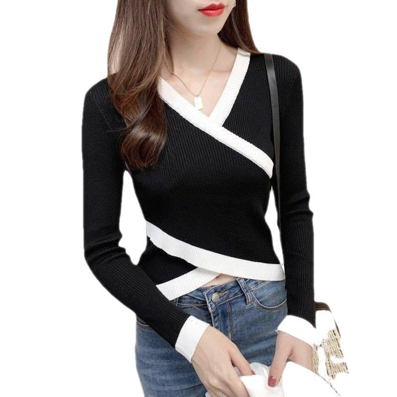 Women's Fashion Simple Cross V-neck Irregular Sweater