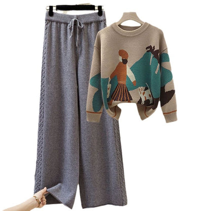 Autumn And Winter Set Knitted Sweater Slimming All-match Wide Leg Pants Suit