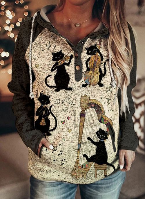 Retro Animal Nature Abstract Printing Brown Button Hoodie