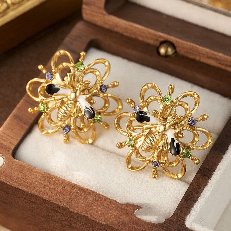 Alloy Plated Antique Gold Diamond Flower Earrings