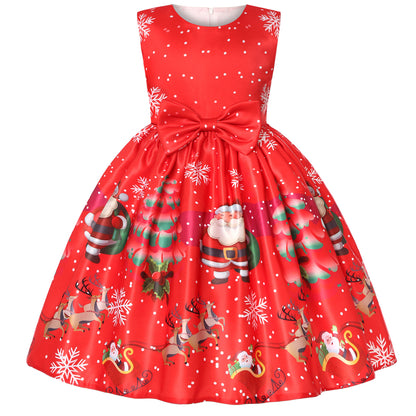 Santa Claus Snowflake Christmas Deer Cartoon Printed Princess Dress