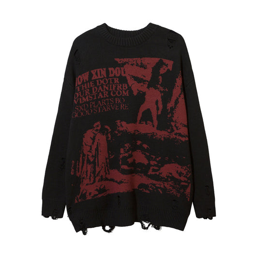 American Street Retro Graffiti Character Brocade Sweater