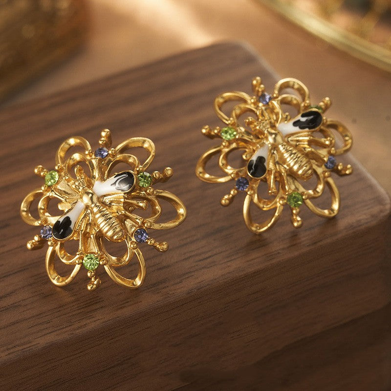 Alloy Plated Antique Gold Diamond Flower Earrings