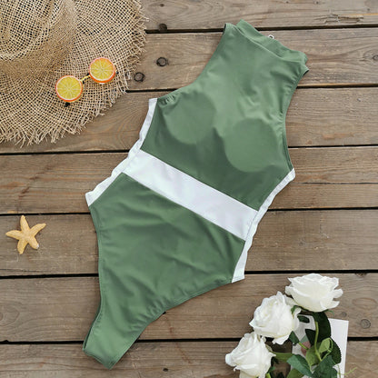 Solid Color Stitching Zipper Sleeveless One-piece Swimsuit