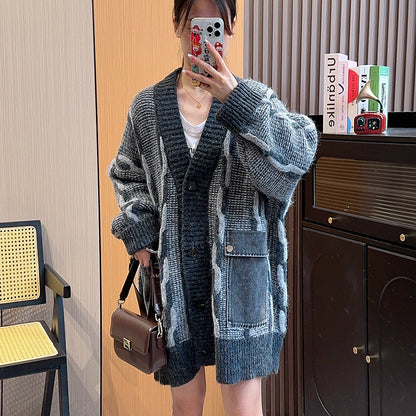 Denim Pocket Stitching Sweater Cardigan For Women