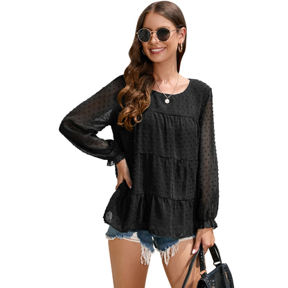 Loose Chiffon Shirt Round Neck Ruffle Top