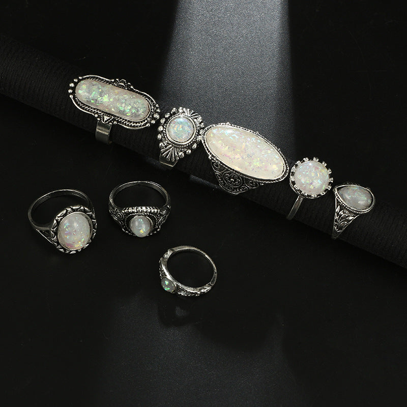 Ornament Creative Geometric Opal Gem 8-piece Set Combination Set Rings