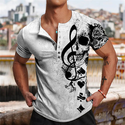 Music Symbol 3D Digital Printed V-neck Short Sleeve Button Placket Street