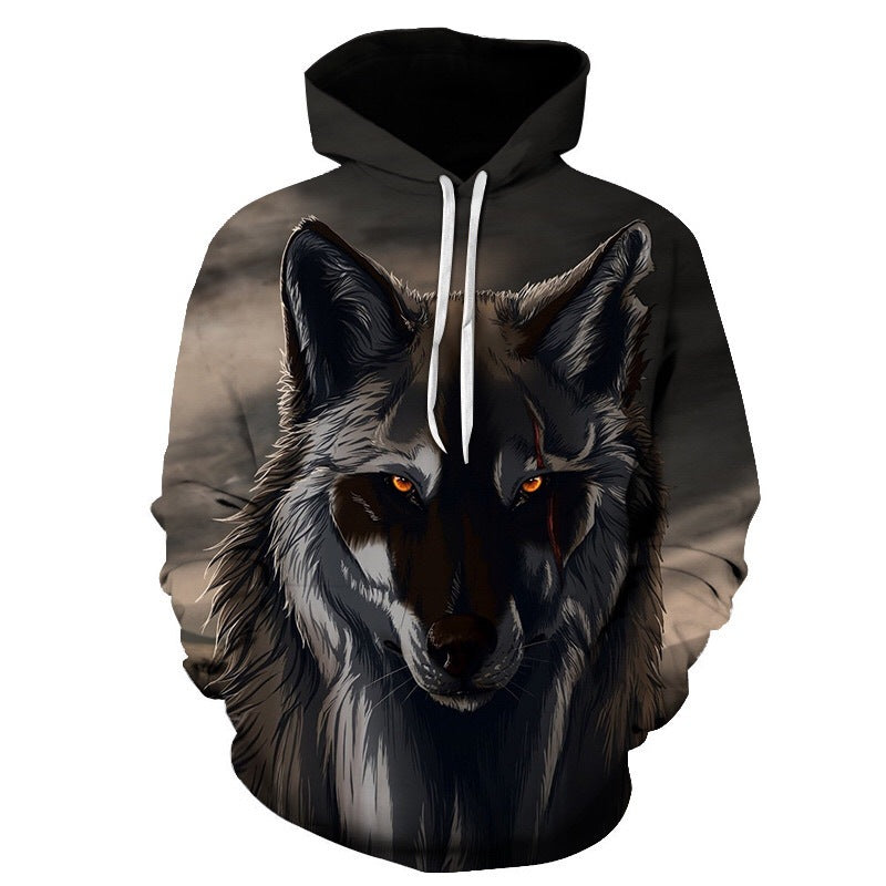 European And American Men's 3D Digital Printing Wolf Dog Hooded Sweater