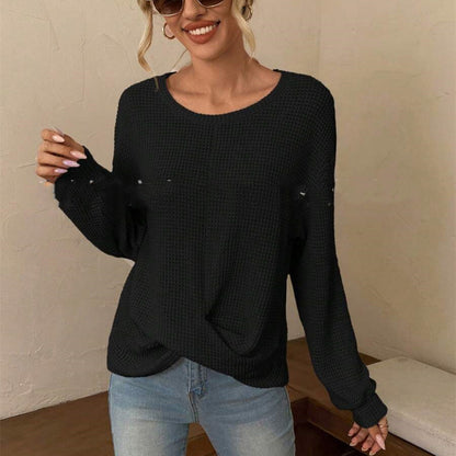 New Knitwear Fashion Round Neck Cross Long Sleeves Top