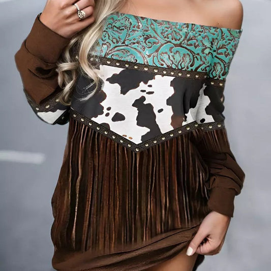 Western Tassel Print Off-shoulder Sweater Skirt