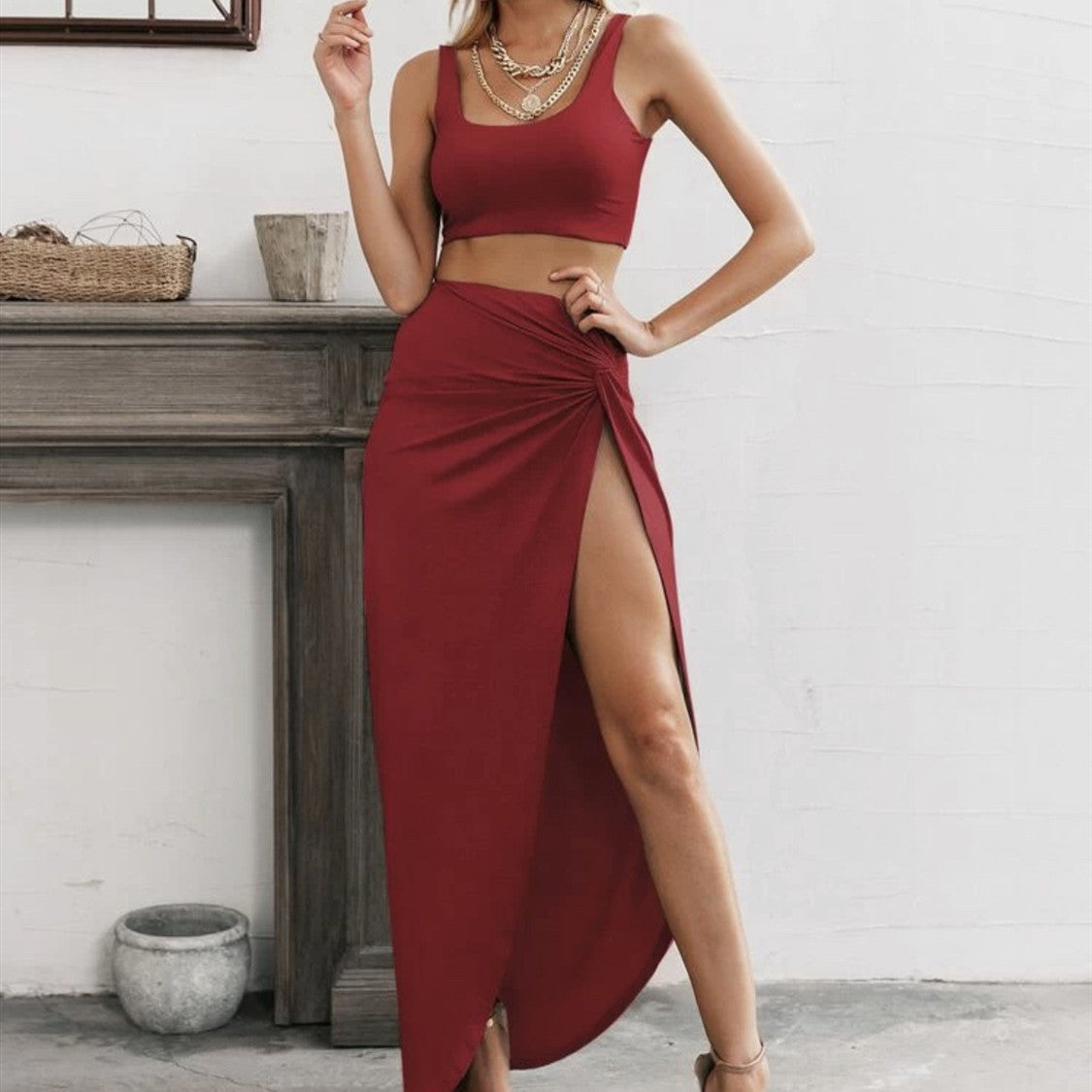 Women's Strap Tube Top Mid-length High Slit Two-piece Set