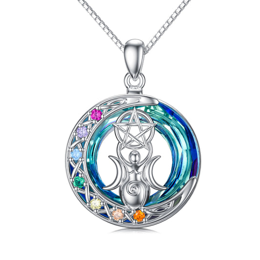 Chakra Triple Moon Goddess Crystal Necklace In White Gold Plated Sterling Silver