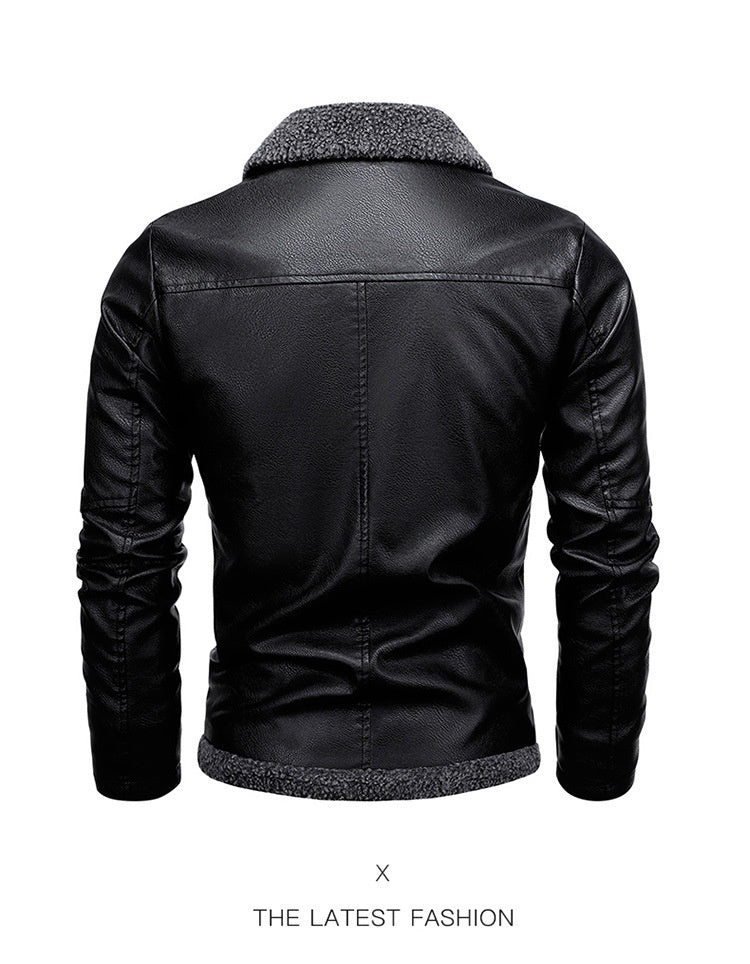 Fleece-lined Men's PU Motorcycle Jacket