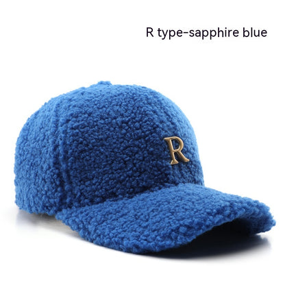 Autumn And Winter Letter R Solid Color Lamb Wool Baseball Cap Outdoor Sun Protection