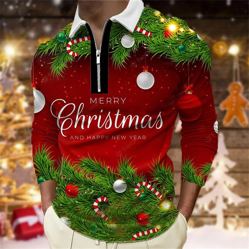 Santa Claus Cartoon Pattern Digital 3D Printing Zipper And Lapel Top