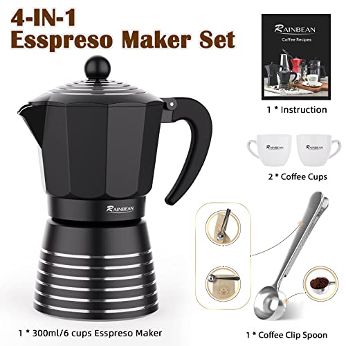 Stovetop Espresso Maker 6 Cup 300ml, Aluminum Moka Pot Gift Set, Italian Cuban Greca Coffee, Easy To Use & Clean - Set Including 2 Cups, Spoon, Black, Perfect Gifts For Coffee Lovers