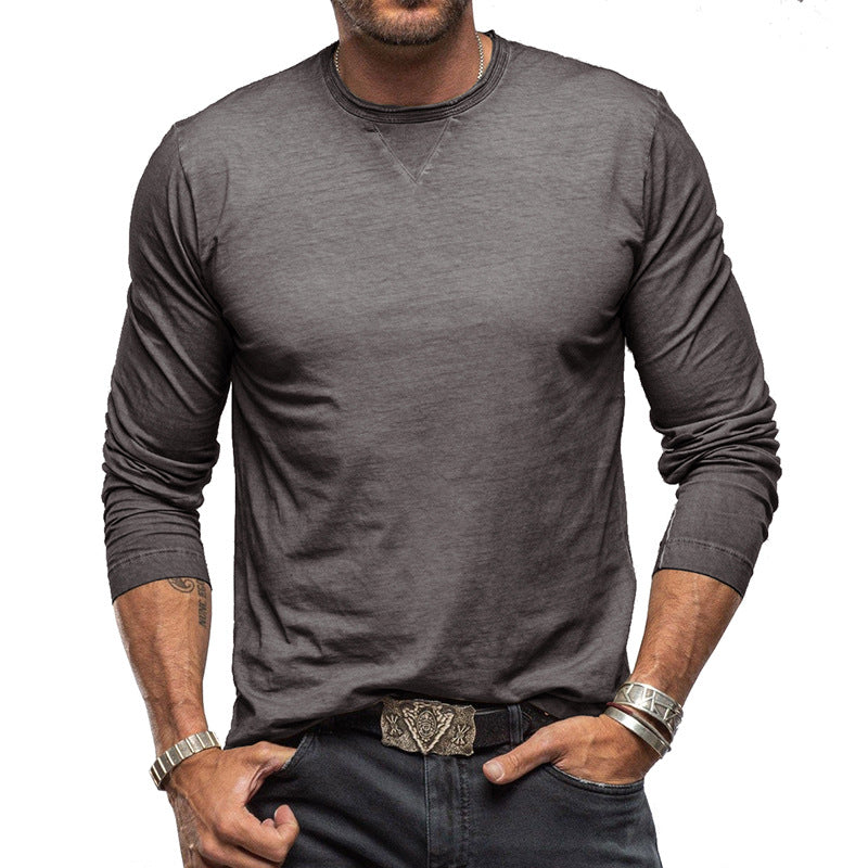 Fall Winter Men's New Solid Color Round Neck Long Sleeve T-shirt Pure Cotton