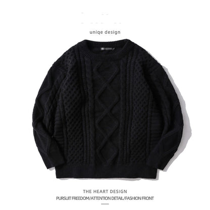 Hong Kong Style Retro Rhombus Twist Round Neck Sweater For Men