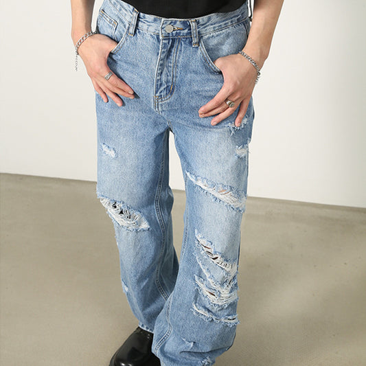 Washed Blue With Holes Straight Jeans For Men