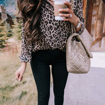 European And American Style Women Printed Leopard Button Women's Long-sleeve Blouse