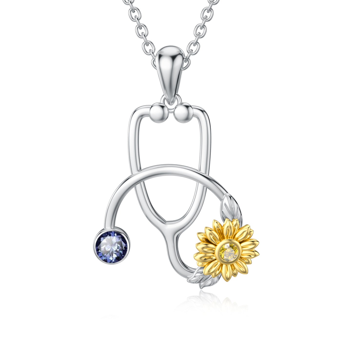 925 Sterling Silver Sunflower Stethoscope Medical Doctor Nurse Student Graduation Pendant Necklace