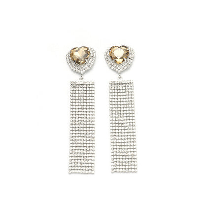 Heart-shaped Full Of Diamond Long Fringe Earrings