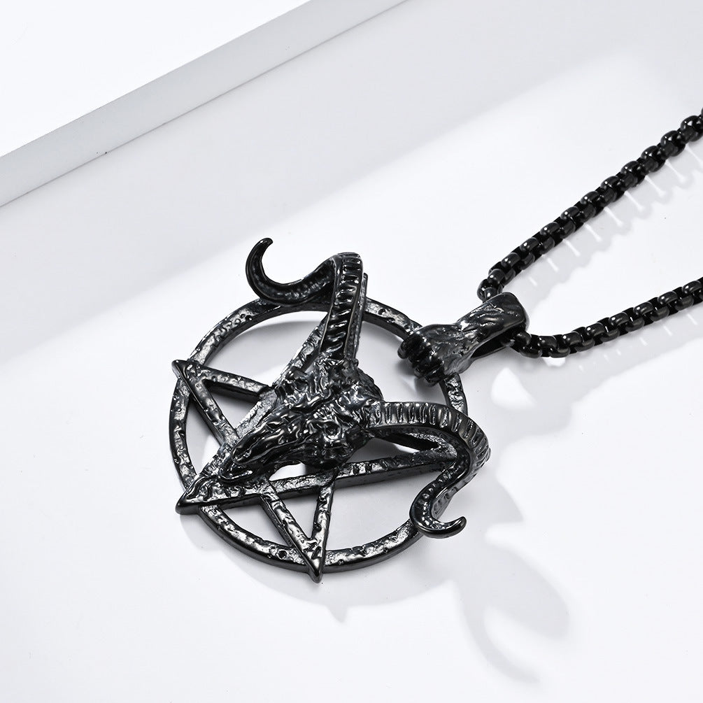 Retro Dark Wind Devil Satan Goat Pentagram Titanium Steel Pendant Necklace