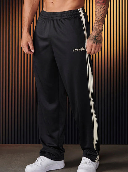 Black And White Ribbon Stitching Casual Trousers Men's Striped Embroidery Fitness Sports