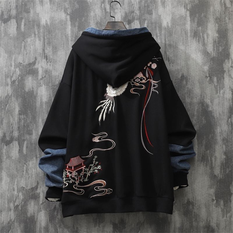 Chinese Style Button Embroidered Hooded Autumn And Winter Loose Stitching Denim Men's Clothing