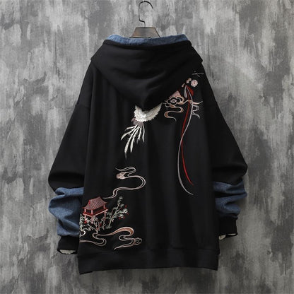 Chinese Style Button Embroidered Hooded Autumn And Winter Loose Stitching Denim Men's Clothing