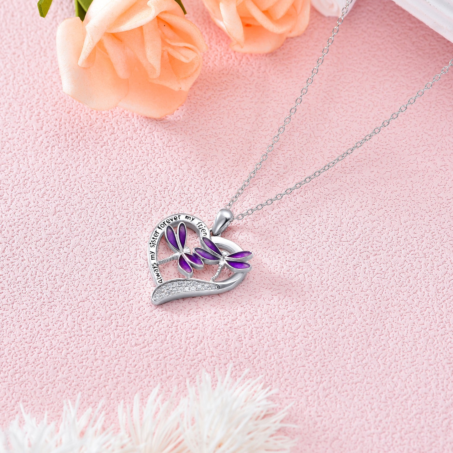 Purple Dragonfly Pendant Necklace in White Gold Plated Sterling Silver