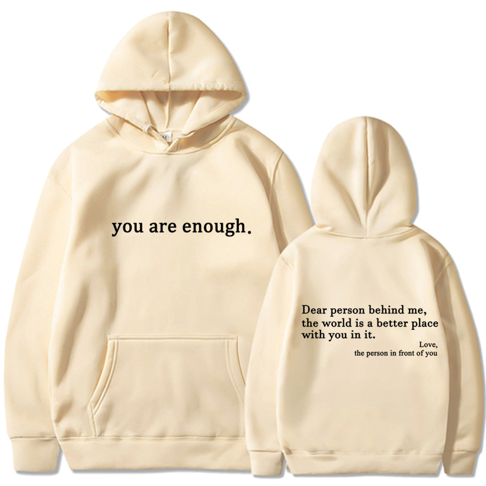 Fleece-lined Plain Letter Print Pocket Drawstring Print Hoodie