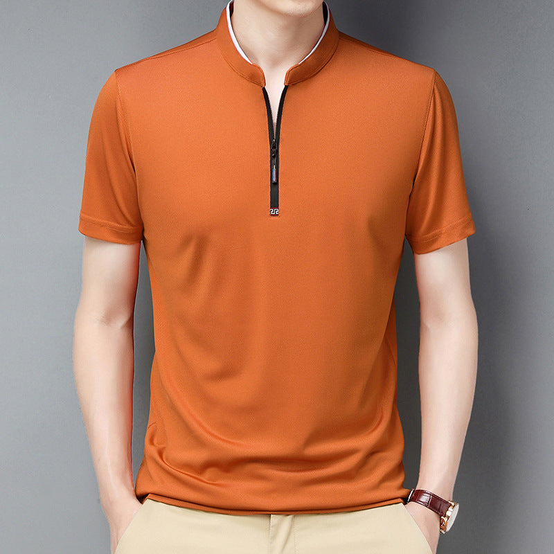 Summer Stand Collar Short Sleeve Men's Half Zipper Solid Color Trendy Casual Men's T-shirt