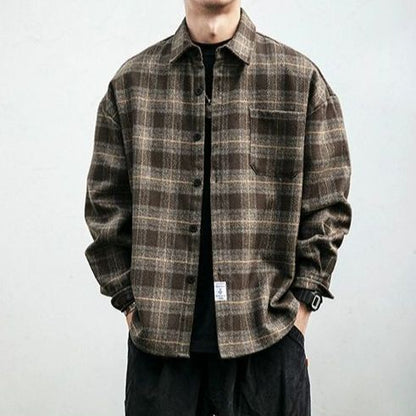 Autumn Winter Retro Sanding Padded Plaid Shirt