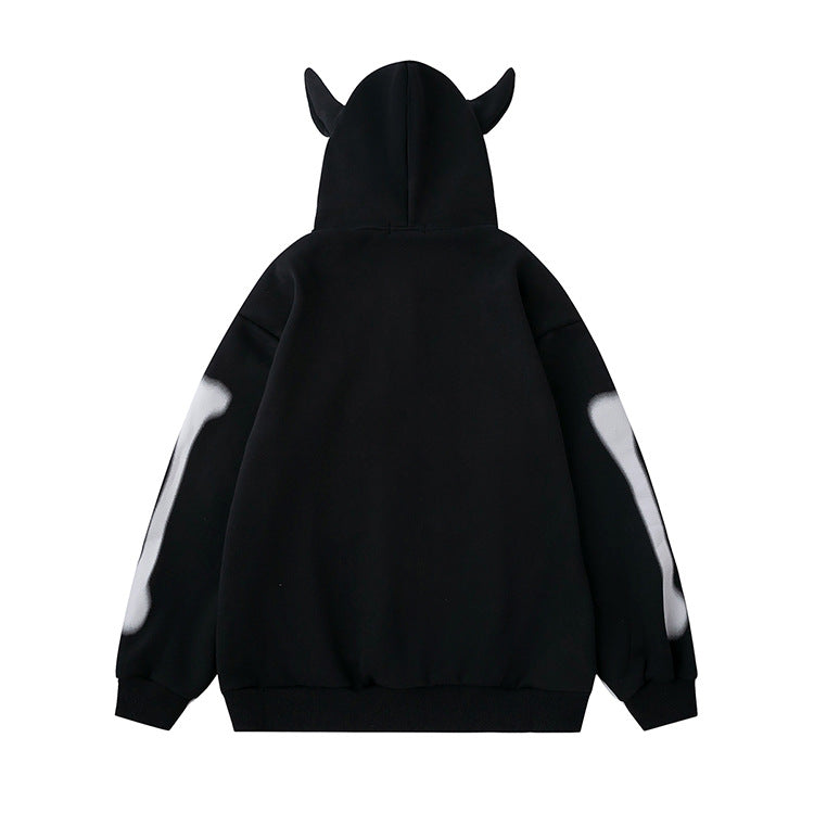 Skull Devil Horn Hooded Sweater For Boys Loose Zip Fleece-lined Sweater