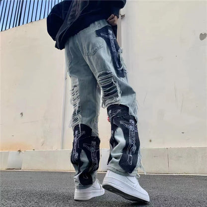 Fashion Ripped Pants Men Worn-out Wide-leg Trousers