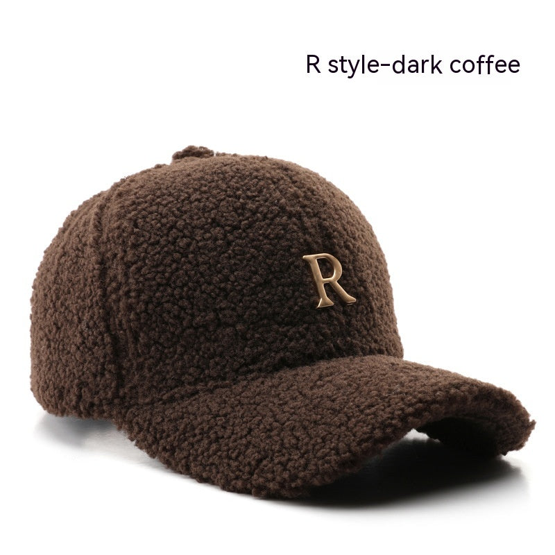 Autumn And Winter Letter R Solid Color Lamb Wool Baseball Cap Outdoor Sun Protection