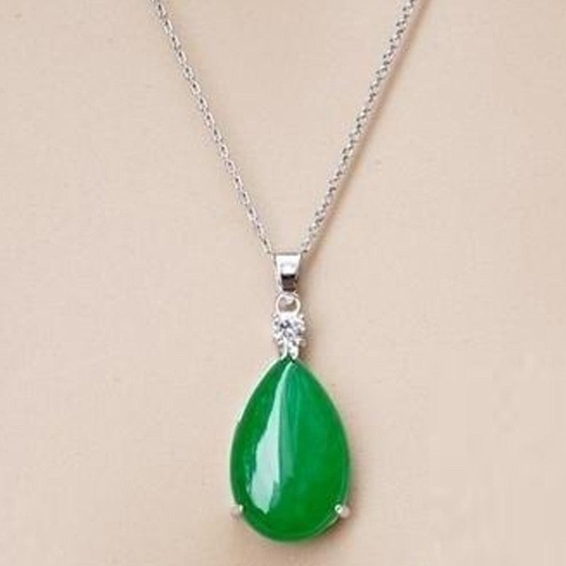 Water Drop Pendant Necklace Emerald Inlaid Ice Jade Stone