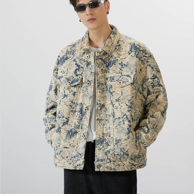 Autumn Retro Jacquard Denim Coat Men's Loose