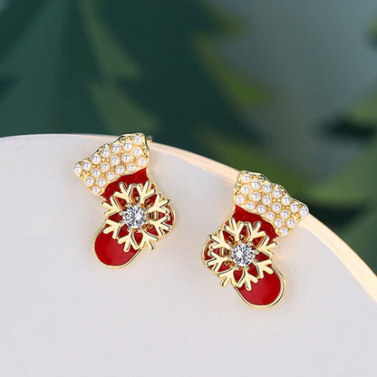 Silver Needle Red Socks Snowflake Ear Stud Christmas