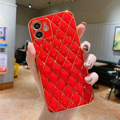 Compatible with Apple, Suitable For  12 EelectroPlating Lambskin Mobile Phone Shell Diamond Grid Iphone11Promax Straight Edge Silicone Soft Fine Hole