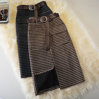 Autumn And Winter Woolen Plaid Sheath Skirt Women